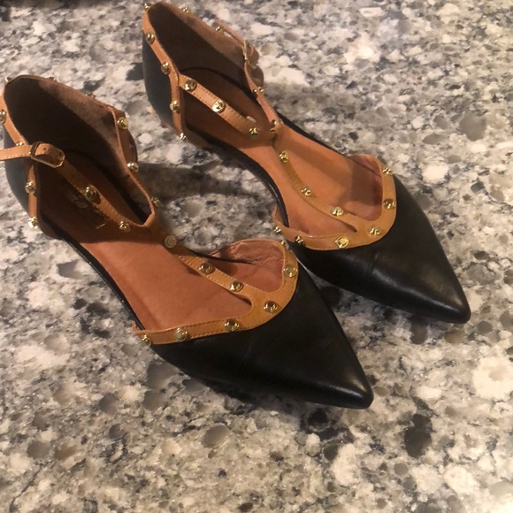 Halogen black leather pointed toe flats gold studs
